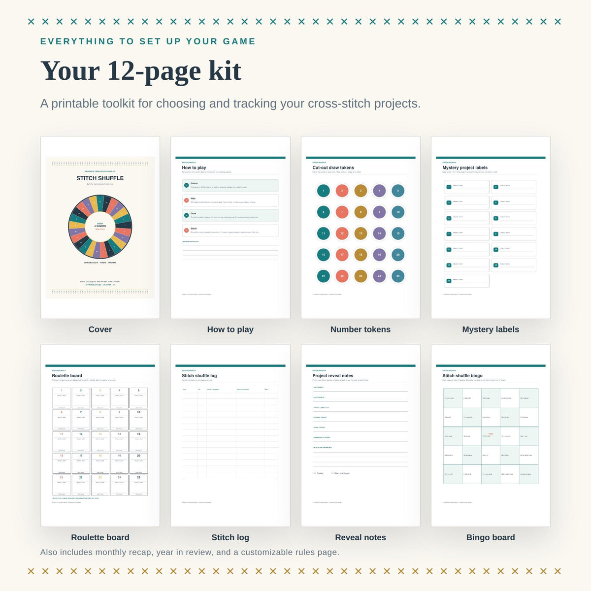 Stitch Shuffle Cross Stitch Project Picker Printable Game: 25 Tokens, Labels, Bingo, Log, US + A4