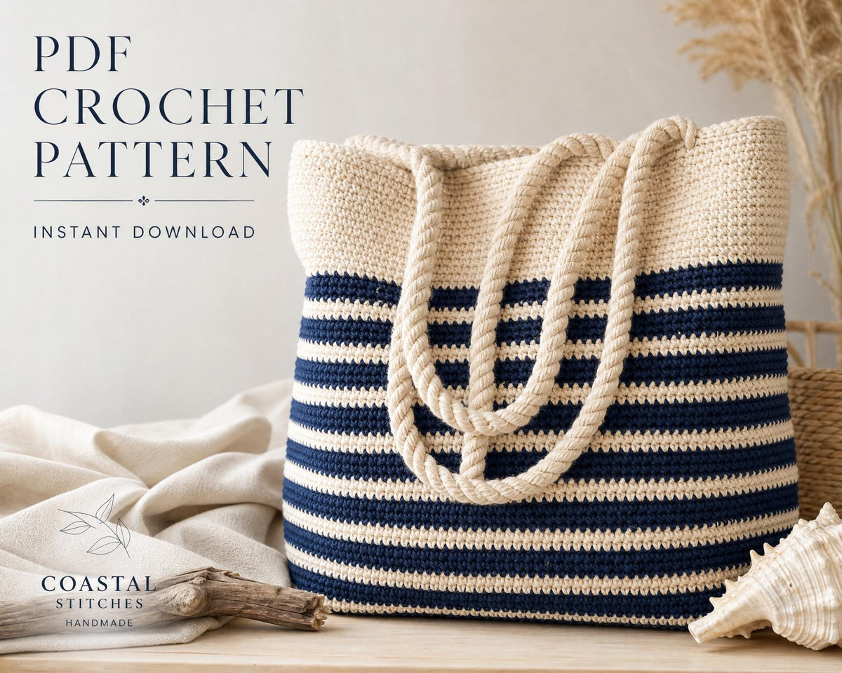 Striped Crochet Beach Tote Bag Pattern, Beginner Friendly Market Bag (PDF)