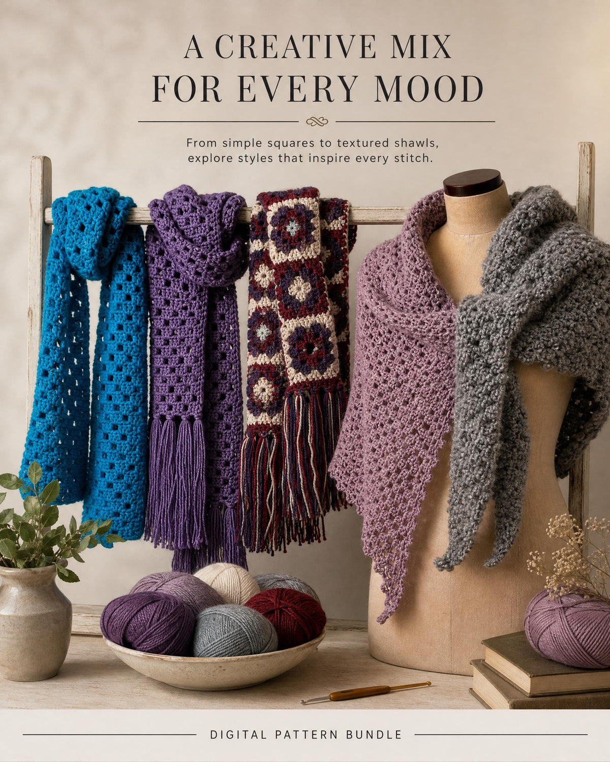 6 Crochet Shawl & Scarf Patterns Bundle, Granny Square Designs (Digital Download)