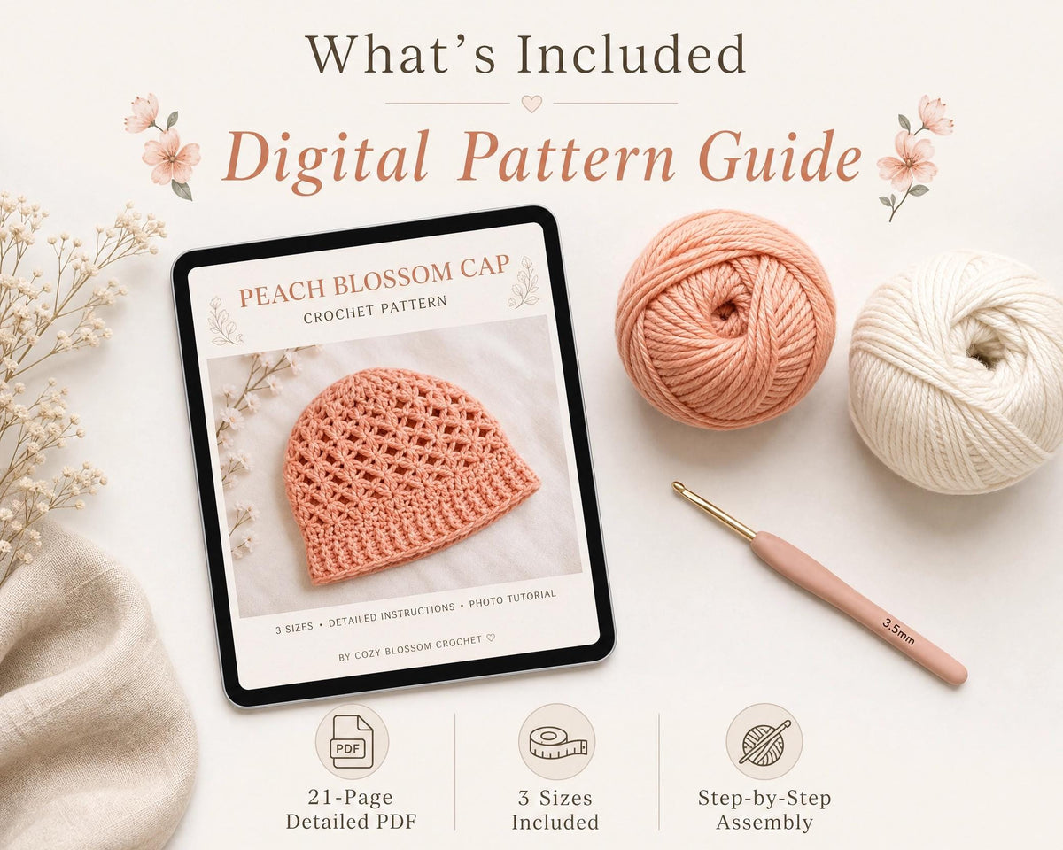 Peach Blossom Crochet Sun Cap Pattern | Beginner Friendly Summer Hat PDF | Adult Mesh Bucket Hat | Instant Download