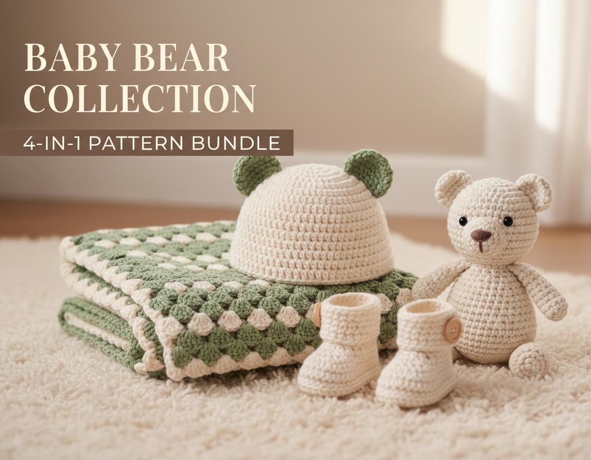 Baby Bear Crochet Pattern Bundle | Hat, Booties, Blanket, Plush Toy (PDF Download)