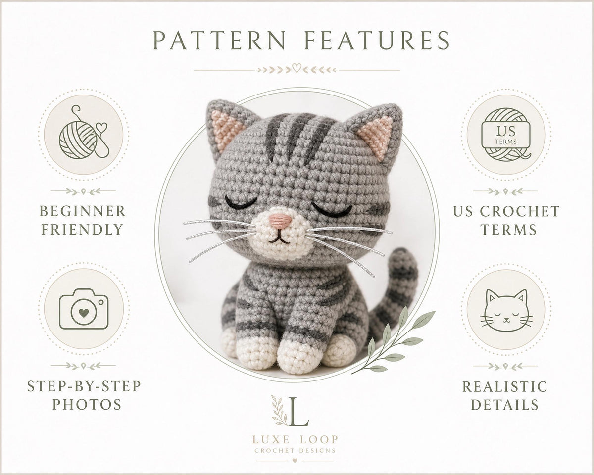 Sleeping Tabby Cat Crochet Pattern, Beginner Amigurumi Kitten PDF Toy Tutorial