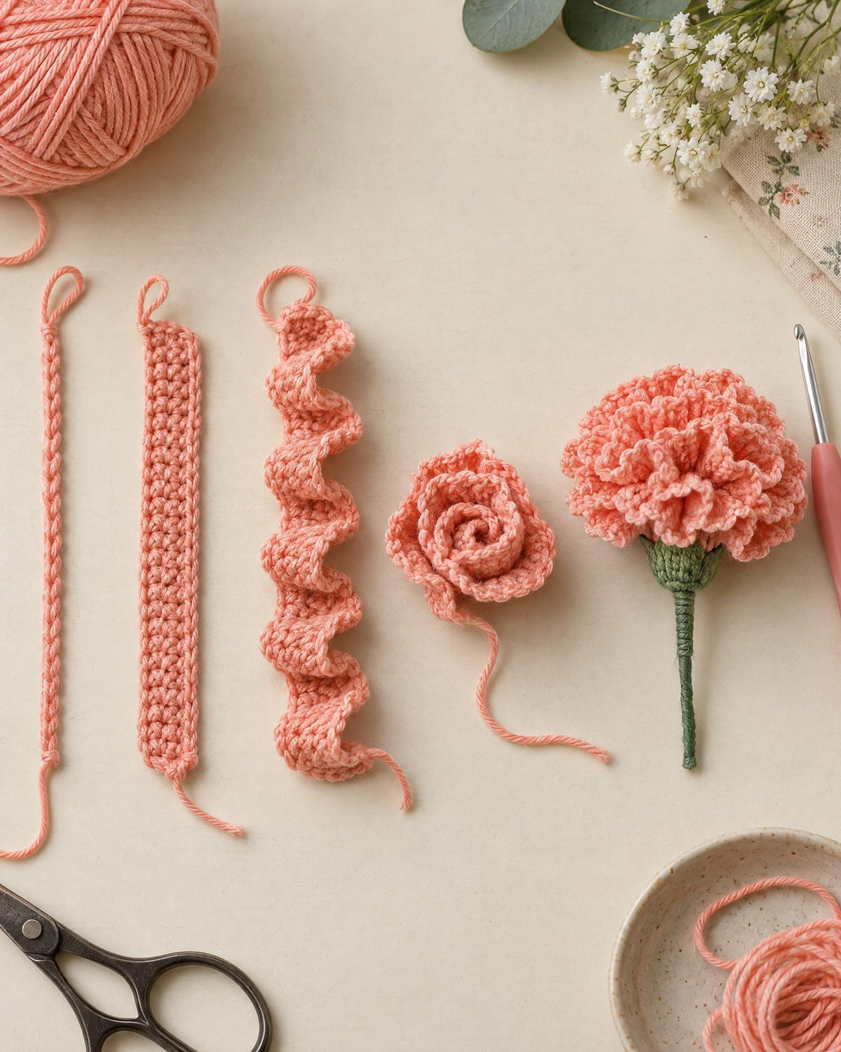 Ruffled Carnation Posy Crochet Pattern PDF, Beginner Flower Bouquet Tutorial, Crochet Carnation, Leaf and Stem Pattern, Digital Download