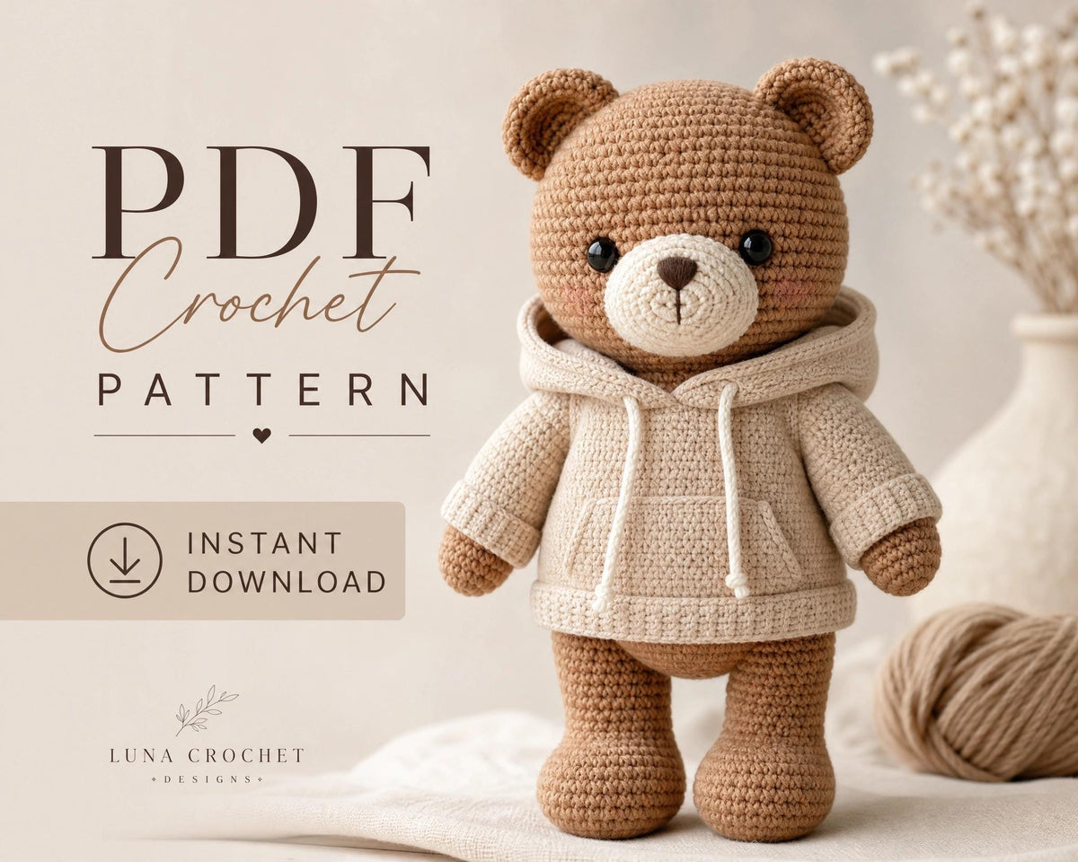 Crochet Teddy Bear Pattern, Removable Hoodie Amigurumi Plushie PDF (Instant Download)