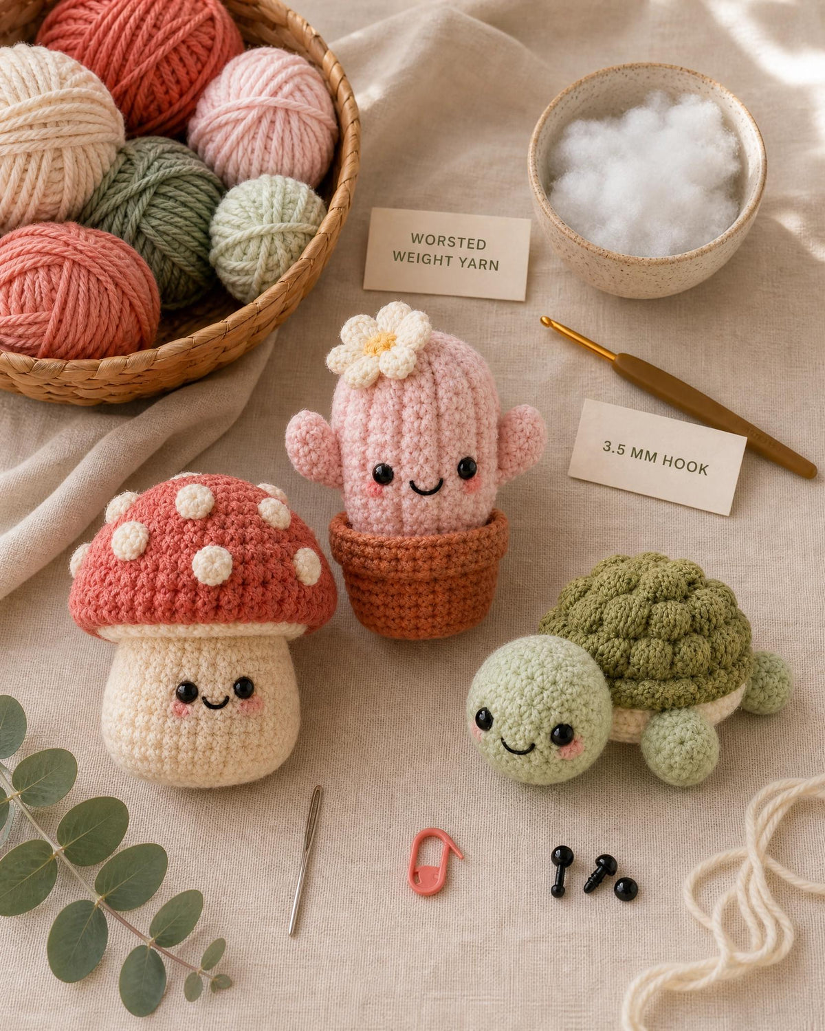 Beginner Crochet Plush Trio Pattern, Mushroom Cactus Turtle Amigurumi (PDF Download)