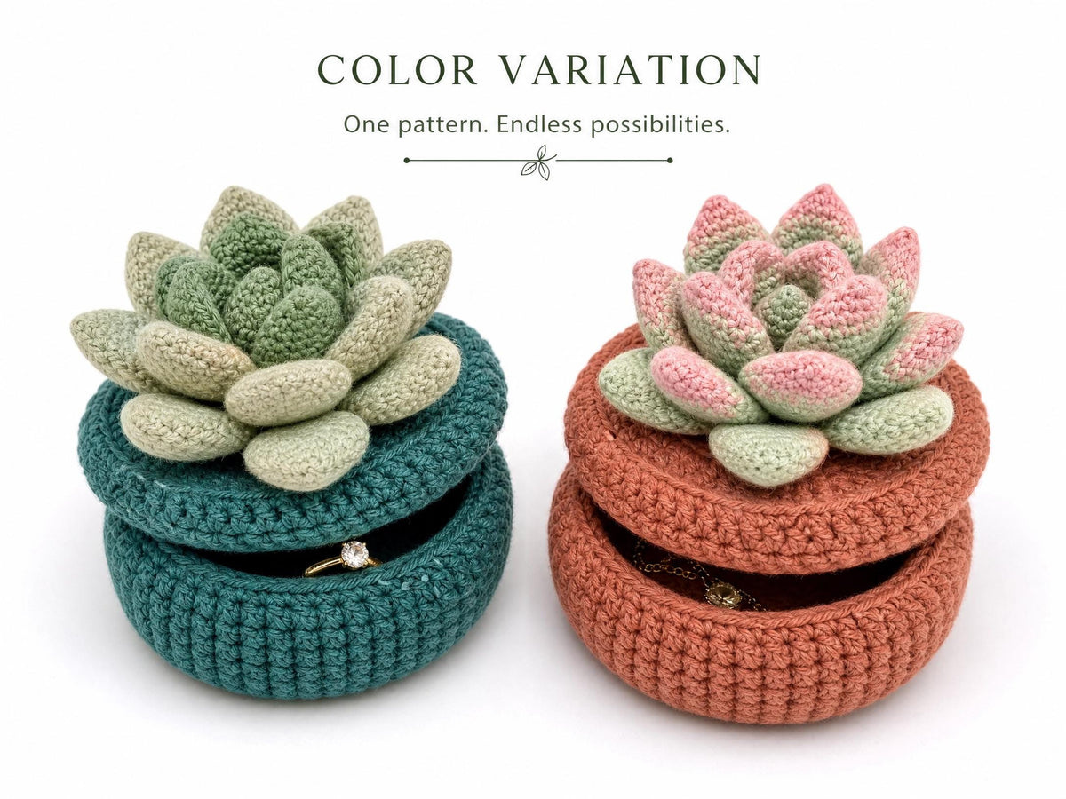 Crochet Succulent Jewelry Box Pattern – Beginner Friendly Echeveria Trinket Box (PDF)