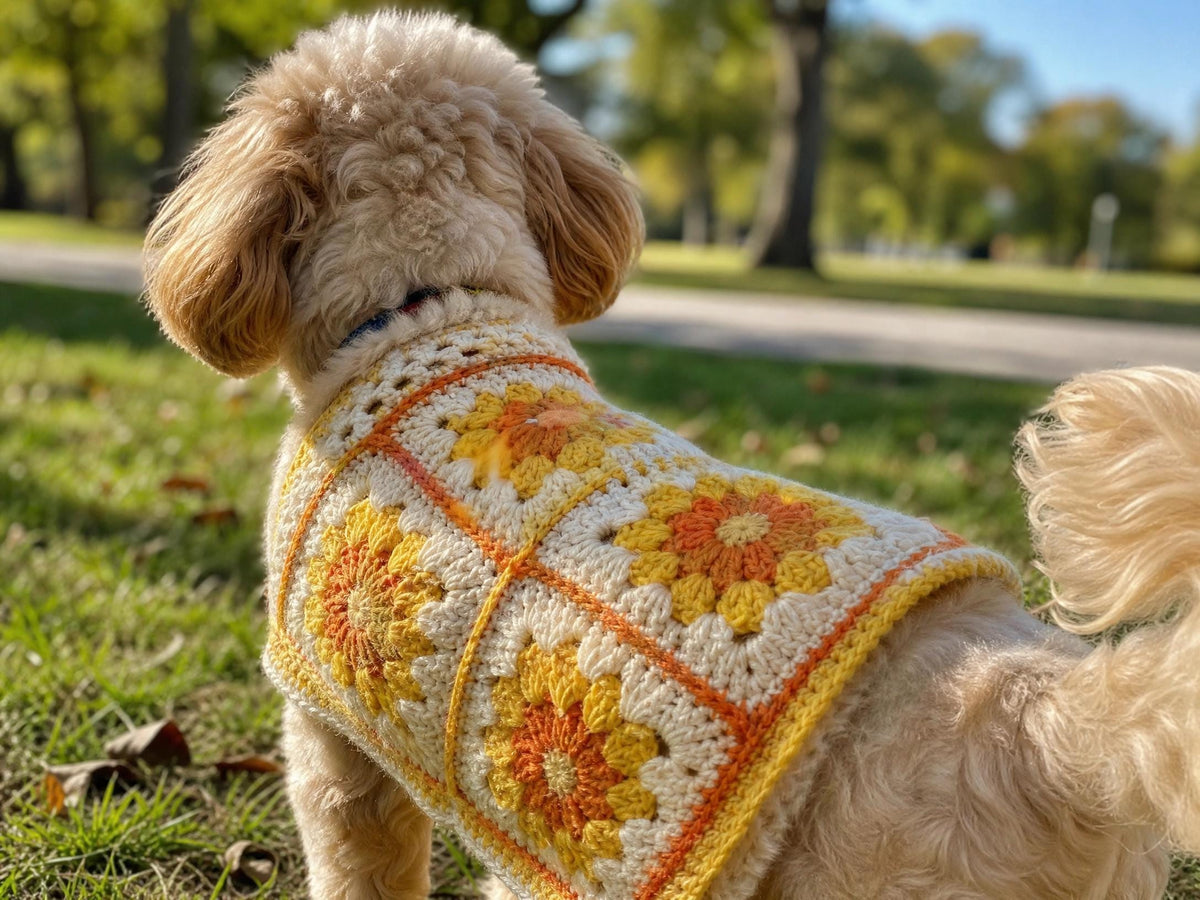 Sunshine Meadow Dog Sweater Crochet Pattern | Beginner Granny Square Jumper (PDF Download)