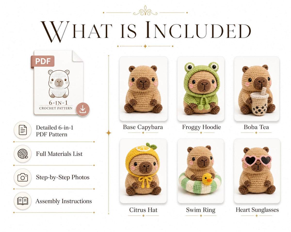Capybara Crochet Pattern Bundle | Amigurumi Animal PDF, Kawaii Plushie DIY, Mix & Match Accessories