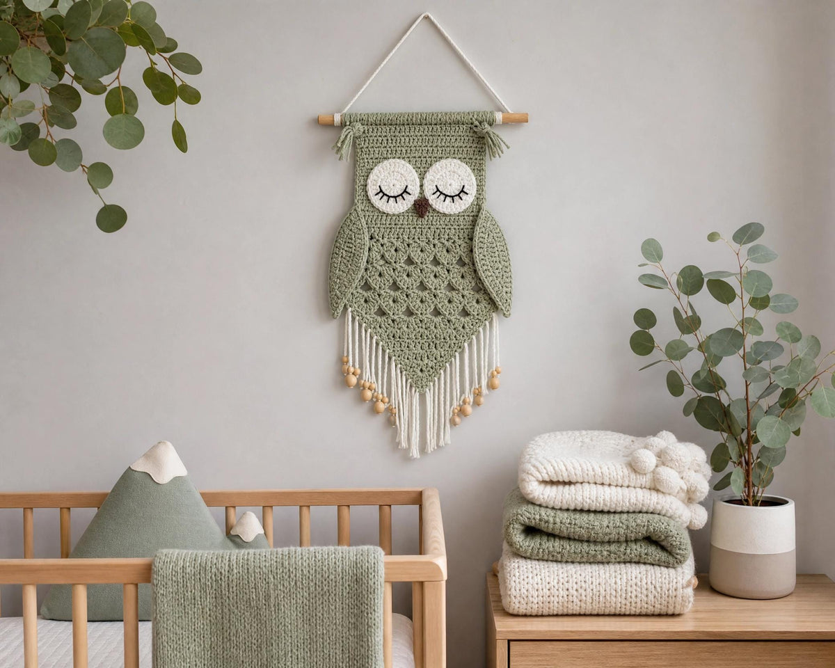 Crochet Owl Wall Hanging Pattern, Boho Nursery Decor, Woodland Art PDF (Digital Download)
