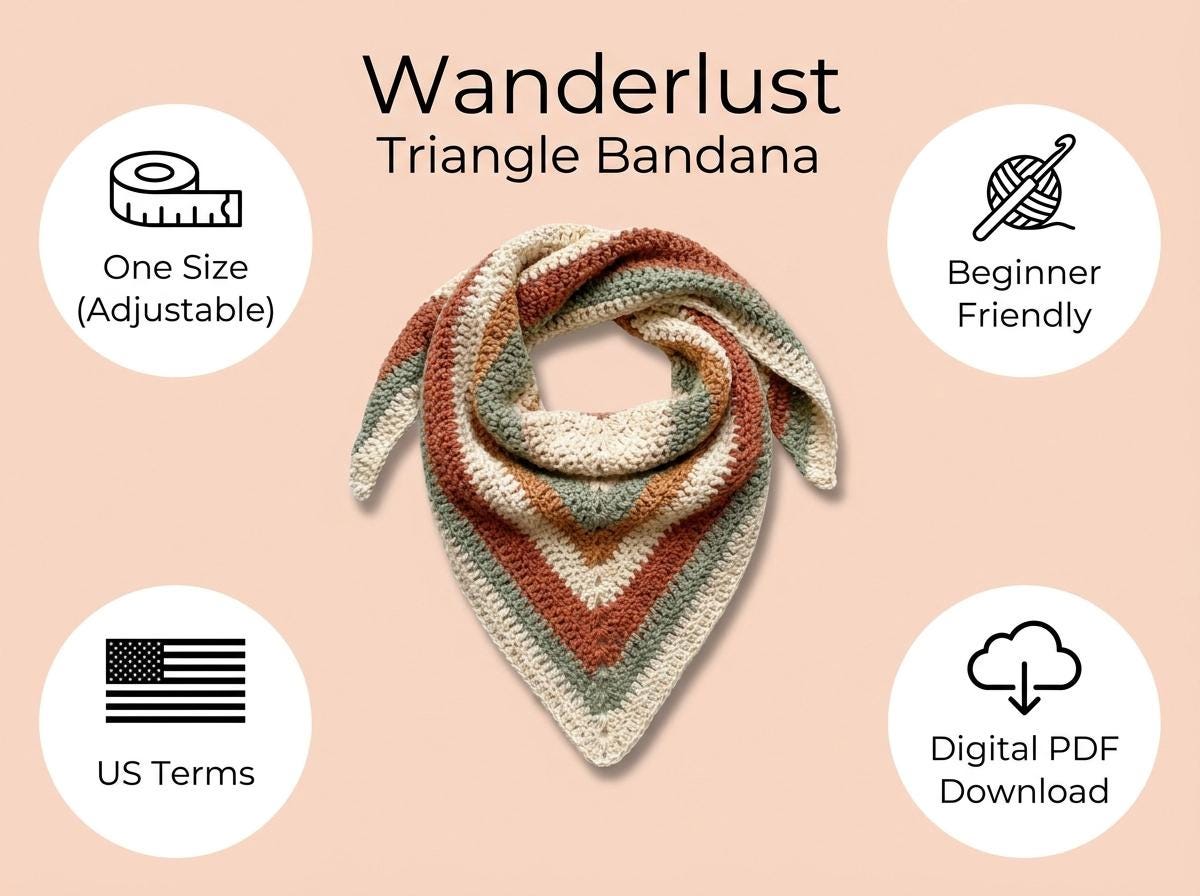Wanderlust V-Stitch Triangle Bandana Crochet Pattern | Beginner Head Scarf (PDF Download)