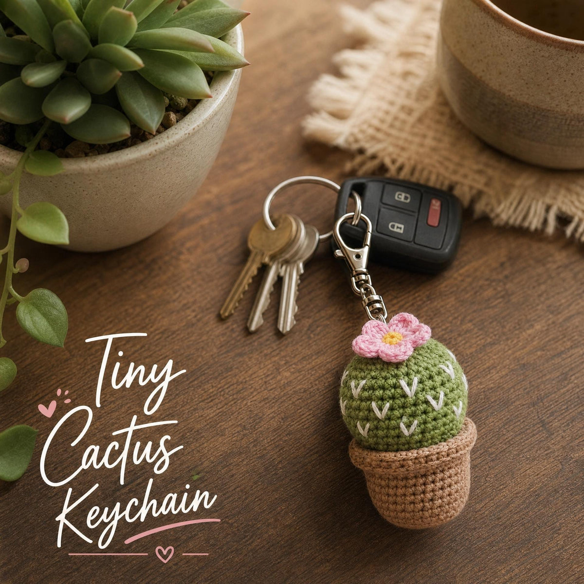 Tiny Cactus Crochet Keychain Pattern | Amigurumi Succulent Bag Charm PDF