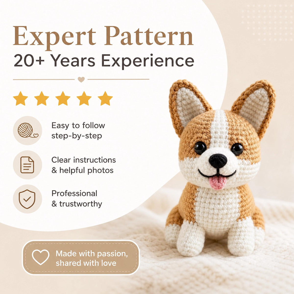 Beginner Friendly Corgi Amigurumi Crochet Pattern, Dog Tutorial (PDF Download)