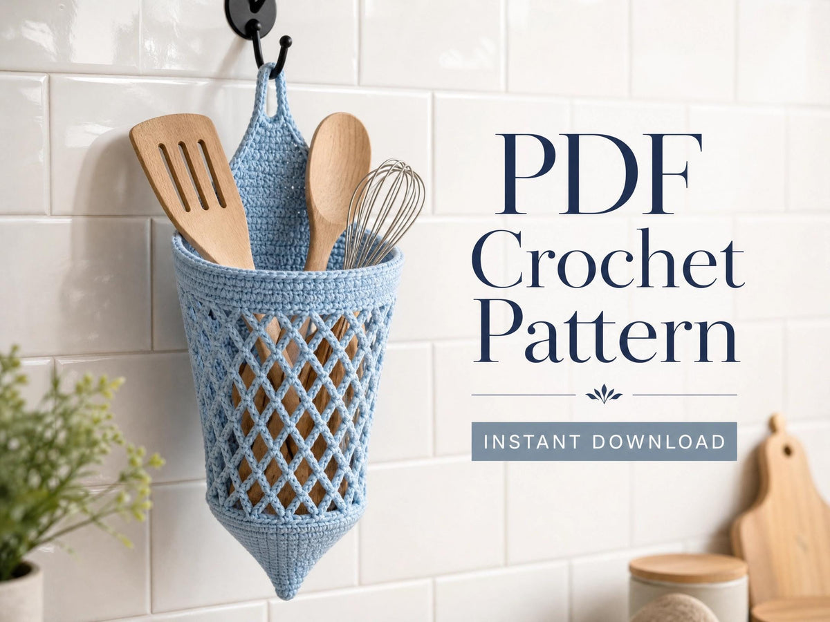 Diamond Mesh Utensil Basket Crochet Pattern | Hanging Kitchen Organizer PDF | Beginner Friendly