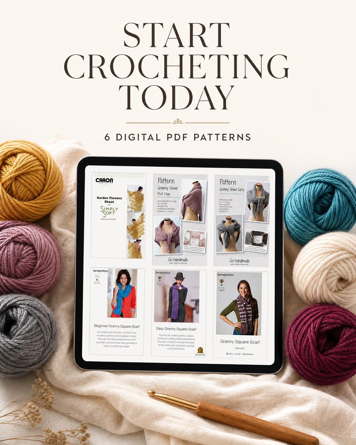 6 Crochet Shawl & Scarf Patterns Bundle, Granny Square Designs (Digital Download)