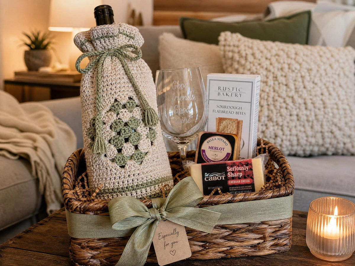 Textured Crochet Wine Bottle Cover Pattern | Sage Green Leaf Appliqué (PDF Pattern)