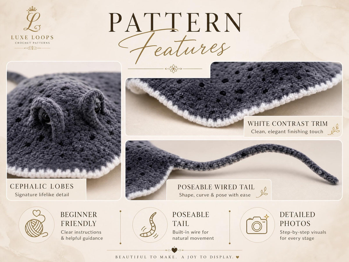 Crochet Stingray Pattern, Beginner Amigurumi Manta Ray PDF (Instant Download)