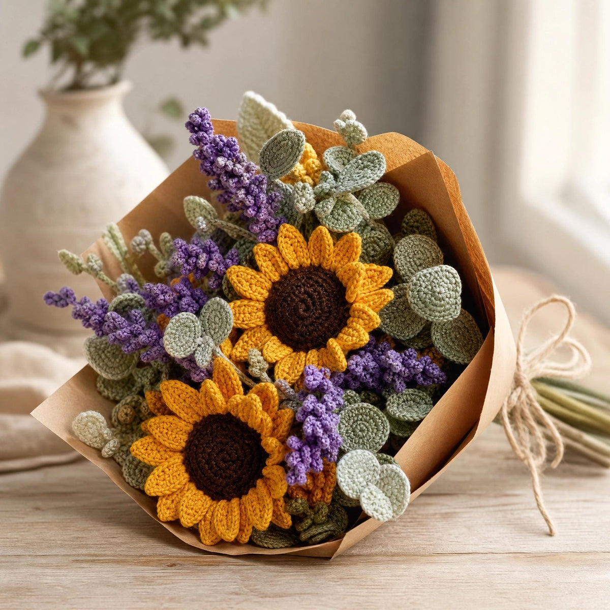 Crochet Bouquet Pattern - Sunflowers, Lavender & Eucalyptus - Beginner Friendly PDF - Everlasting Floral Arrangement Digital Download