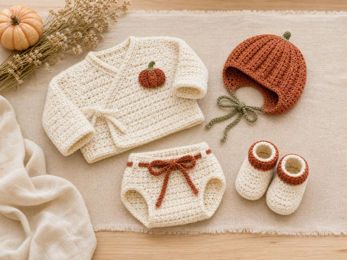 Pumpkin Newborn Crochet Pattern Set | Baby Cardigan, Bonnet, Booties & Diaper Cover PDF