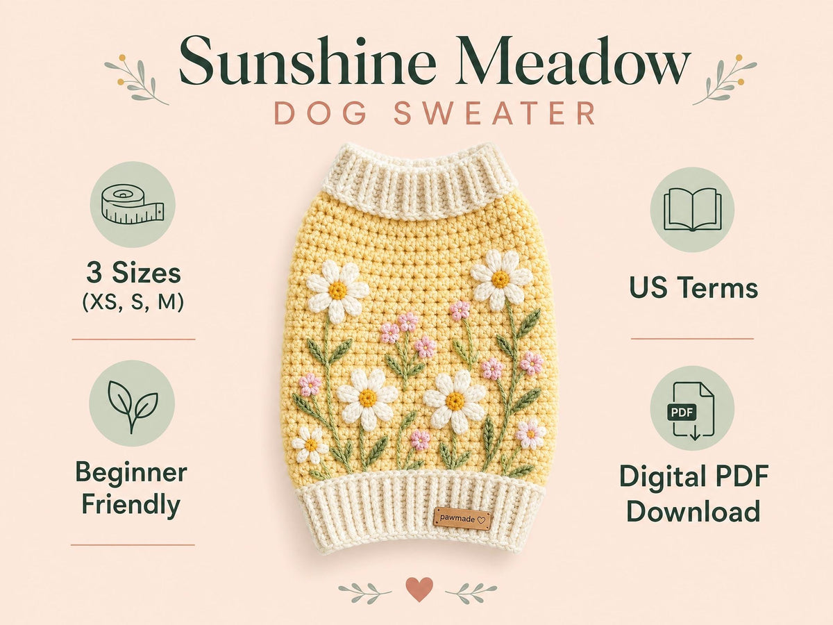 Sunshine Meadow Dog Sweater Crochet Pattern | Beginner Granny Square Jumper (PDF Download)
