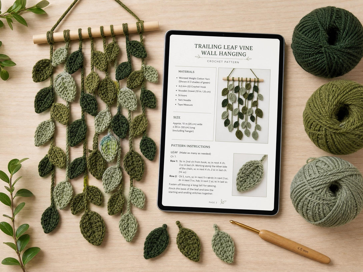 Trailing Leaf Vine Crochet Wall Hanging Pattern - Beginner-Friendly Boho Botanical Decor - Digital PDF