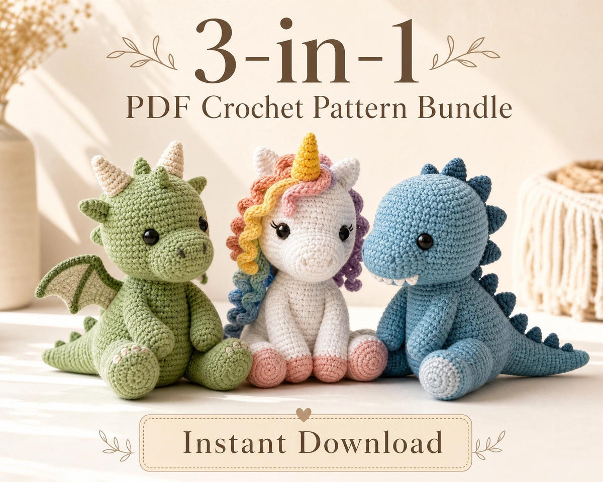 Amigurumi Crochet Pattern Bundle: Dragon, Unicorn, Dinosaur Stuffed Animals (PDF)