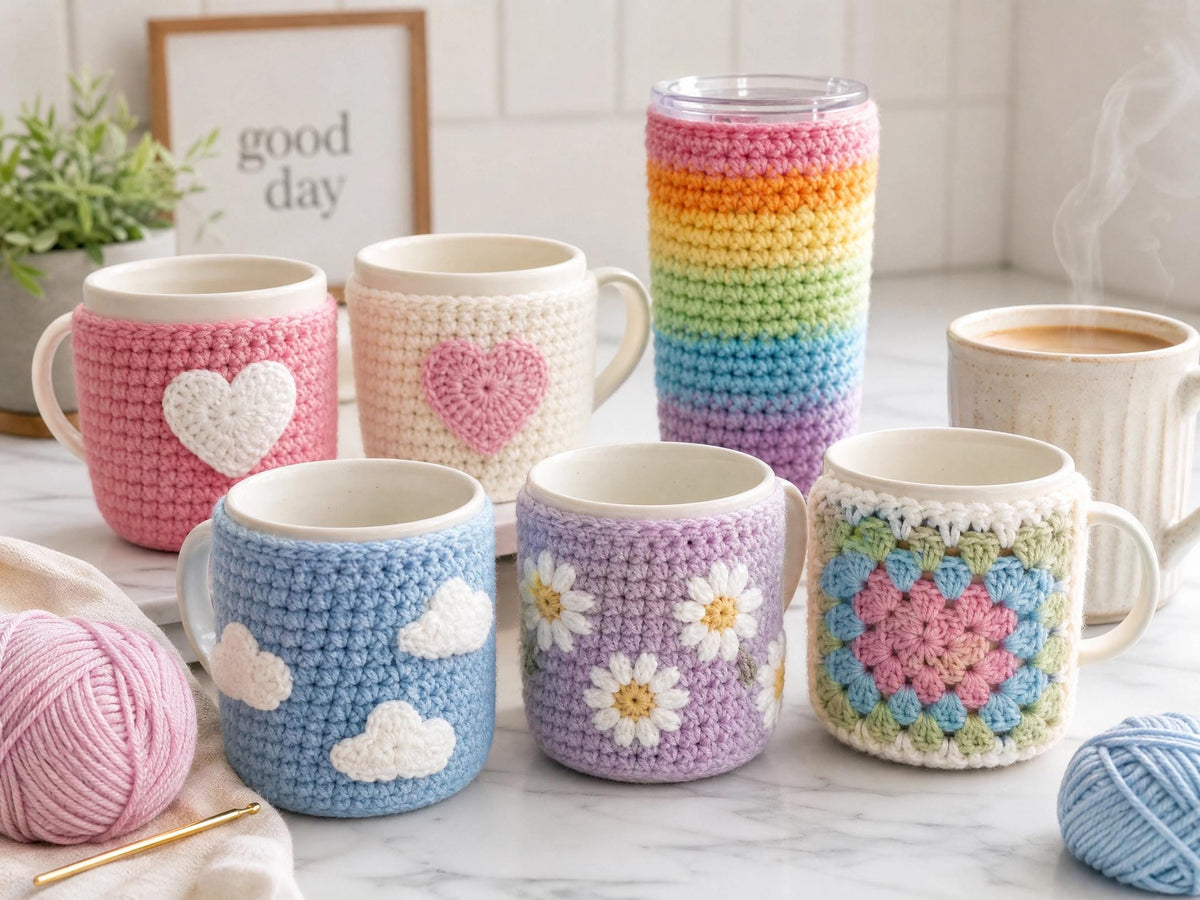 Crochet Cup Cozy Patterns | Heart, Cloud, Daisy, Rainbow, Granny Square Designs (PDF Download)