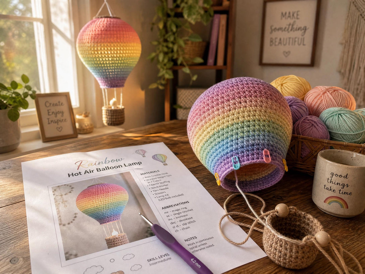 Rainbow Hot Air Balloon Crochet Pattern – Beginner Amigurumi Lamp & Mobile PDF
