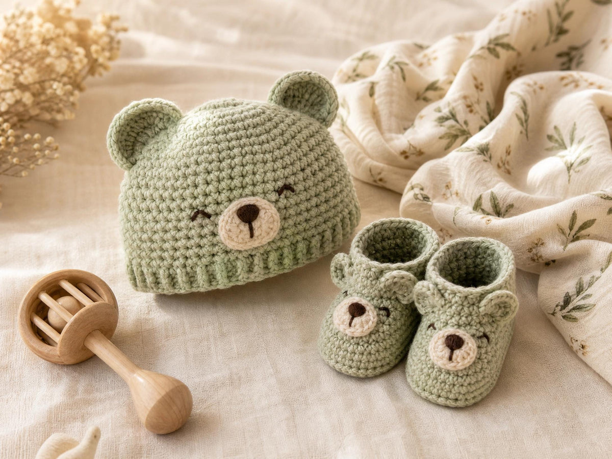 Sage Bear Hat & Booties Crochet Pattern | Newborn Baby Gift Set (PDF)