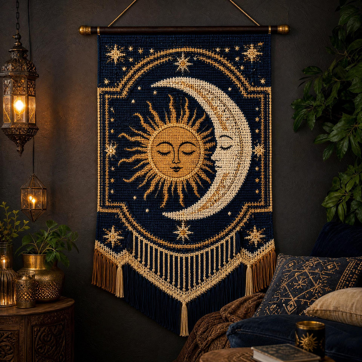 Celestial Sun Moon Tapestry Crochet Pattern – Boho Wall Hanging PDF (Beginner Friendly)