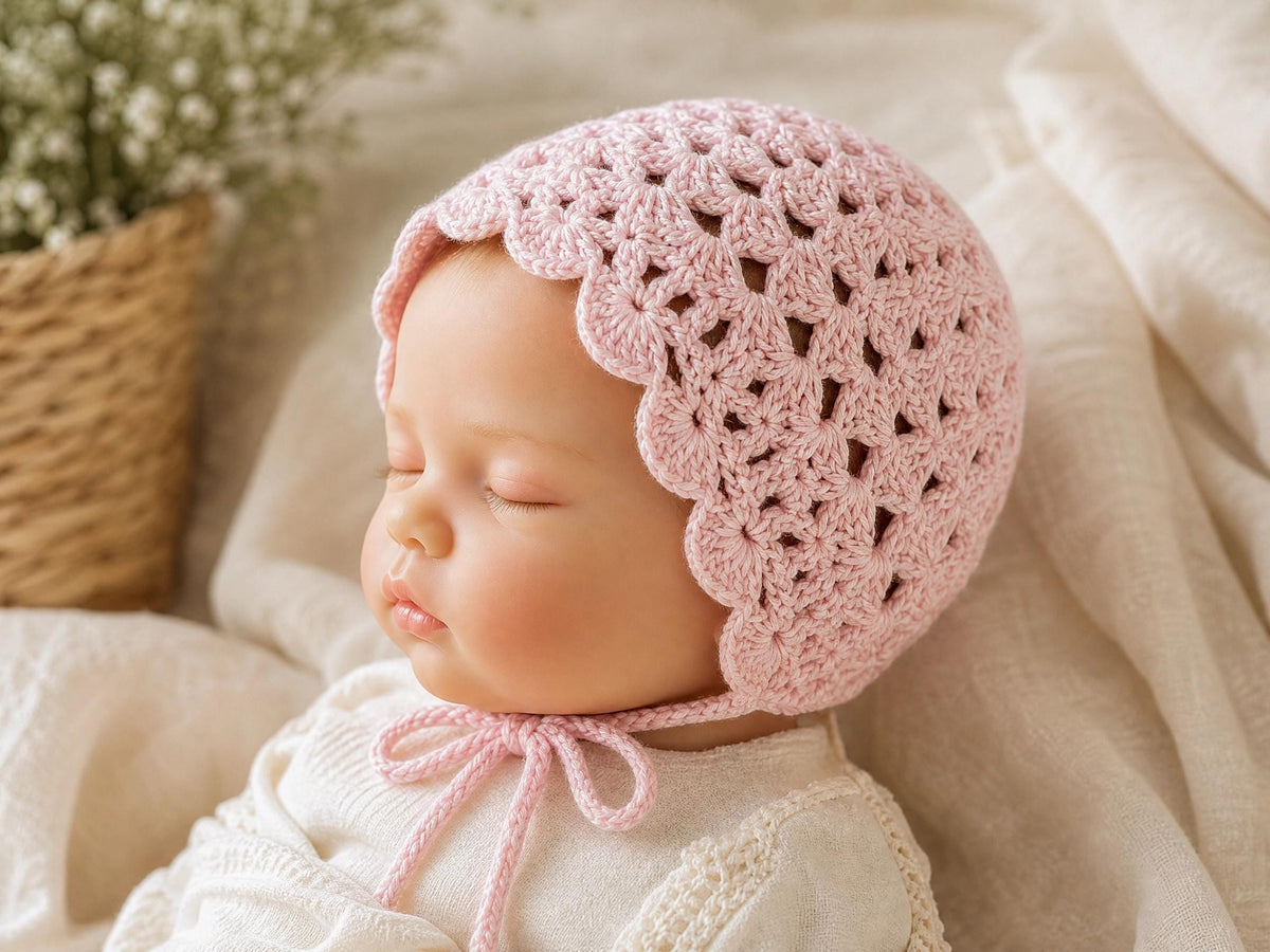 Crochet Baby Bonnet Pattern, Scallop Sun Hat, Newborn Crochet PDF (Instant Download)