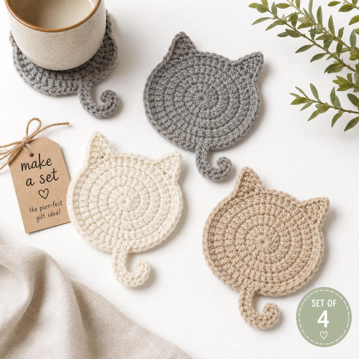 Crochet Kitty Cat Coaster Pattern – Beginner Friendly Mug Rug Design (PDF Download)