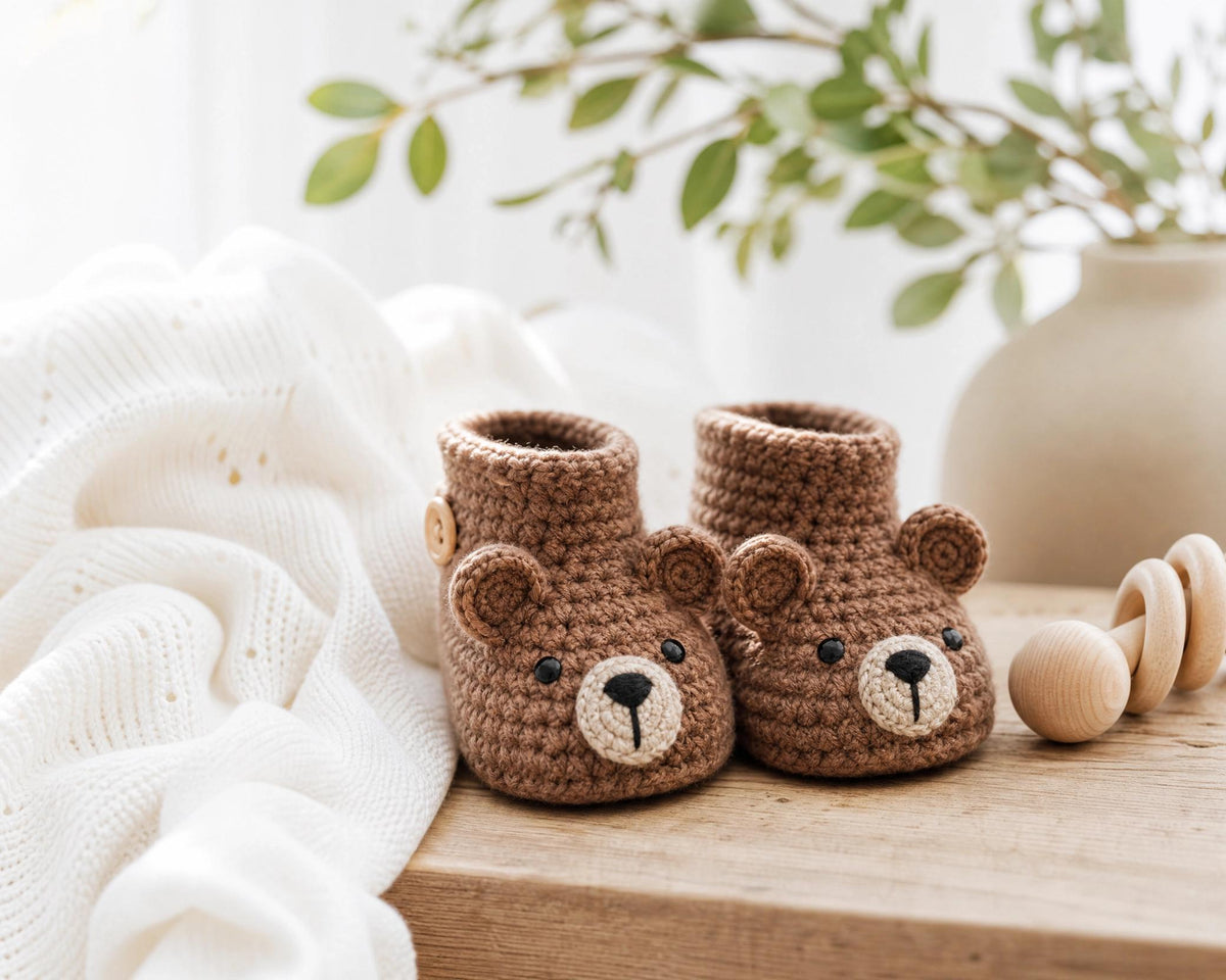 Baby Bear Booties Crochet Pattern, Beginner Friendly, 3 Sizes, Embroidered Face (PDF Download)