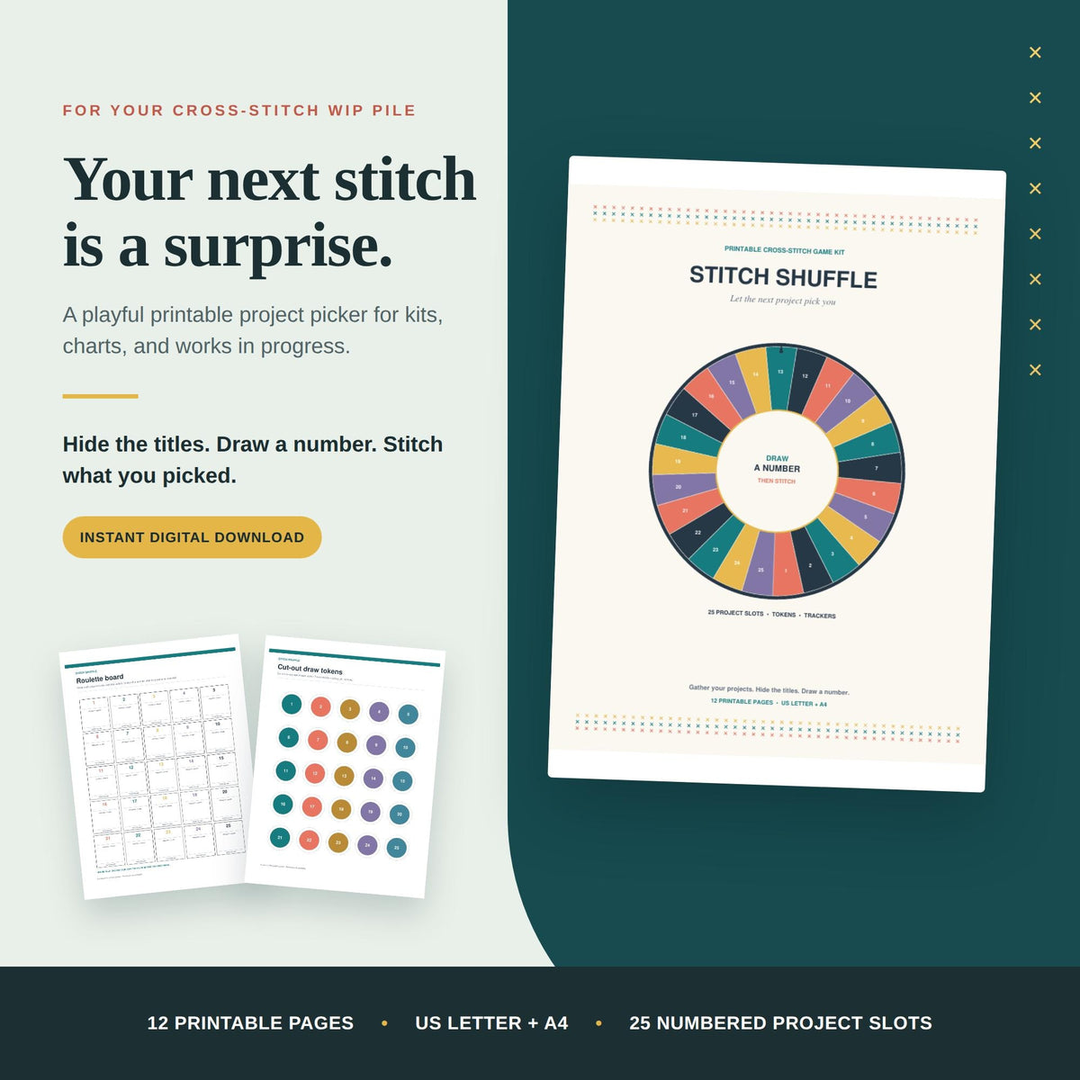 Stitch Shuffle Cross Stitch Project Picker Printable Game: 25 Tokens, Labels, Bingo, Log, US + A4