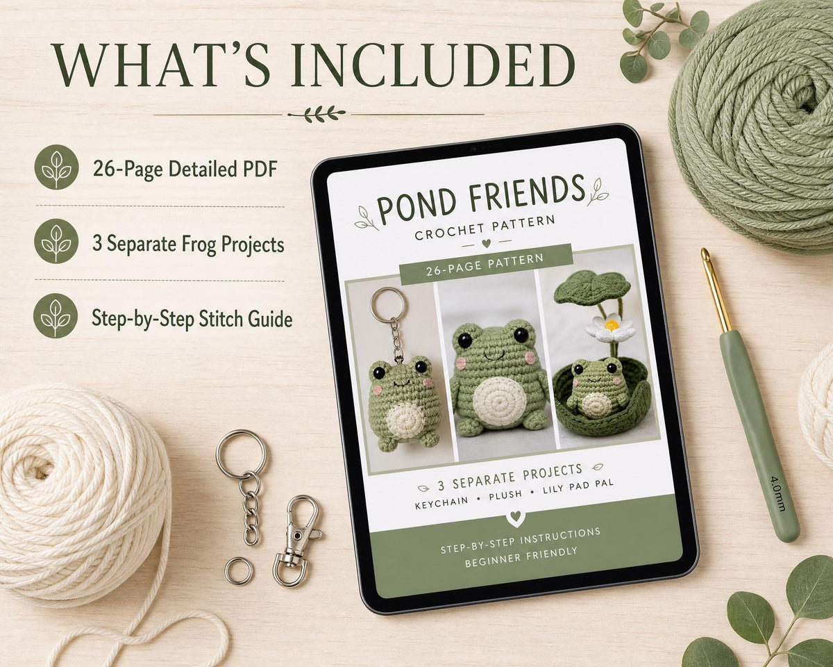 Beginner Crochet Frog Pattern PDF, Sitting Frog, Mini Keychain, Shell Charm (Digital Download)