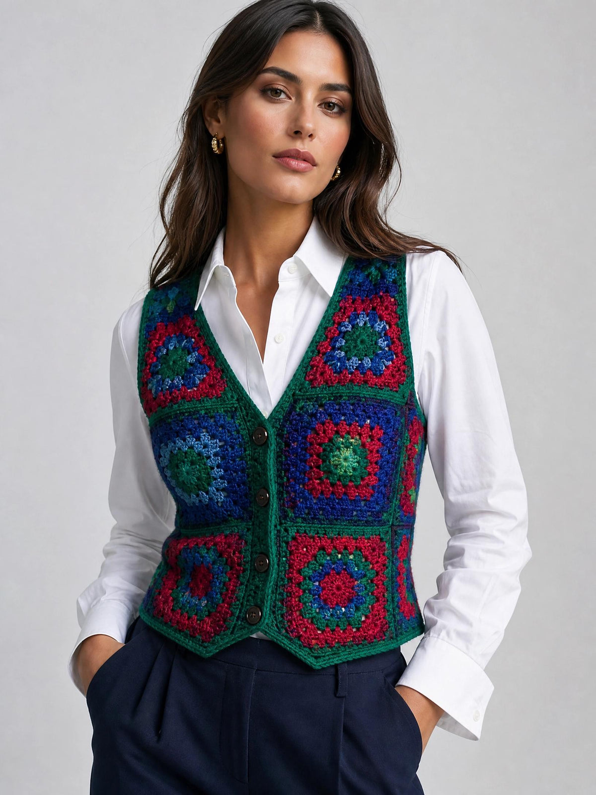 Granny Square Vest Crochet Pattern, Tailored Waistcoat, Button Front Crop Top, Boho Chic (PDF)