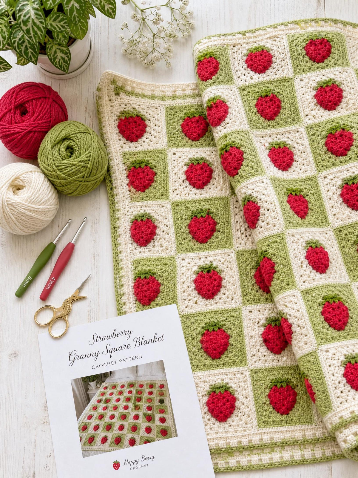 Strawberry Granny Square Blanket Crochet Pattern PDF | Beginner Friendly Puff Stitch