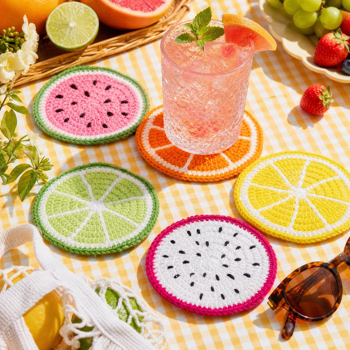 Crochet Fruit Coaster Pattern – Watermelon, Lemon, Lime, Orange, Kiwi (PDF Download)
