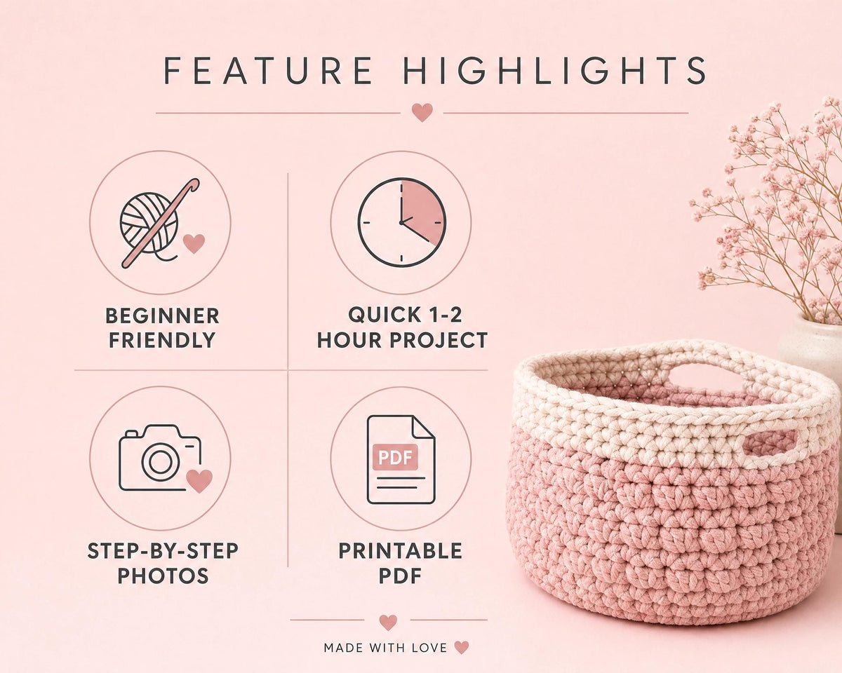Crochet Basket Pattern | Beginner Friendly Storage, Two-Tone Bow (PDF Download)