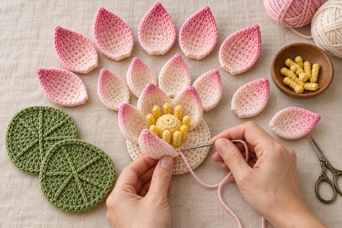 Crochet Lotus Flower Pattern: Beginner-Friendly PDF Tutorial with Layered Petals