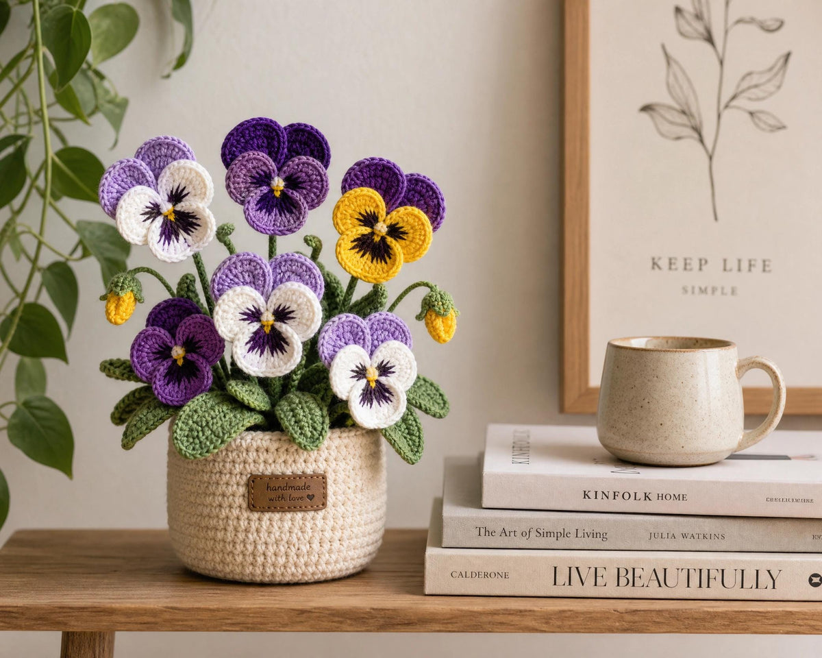 Crochet Pansy Pattern | Potted Flower Bouquet PDF, Realistic Floral Arrangement, Everlasting Gift, Instant Download