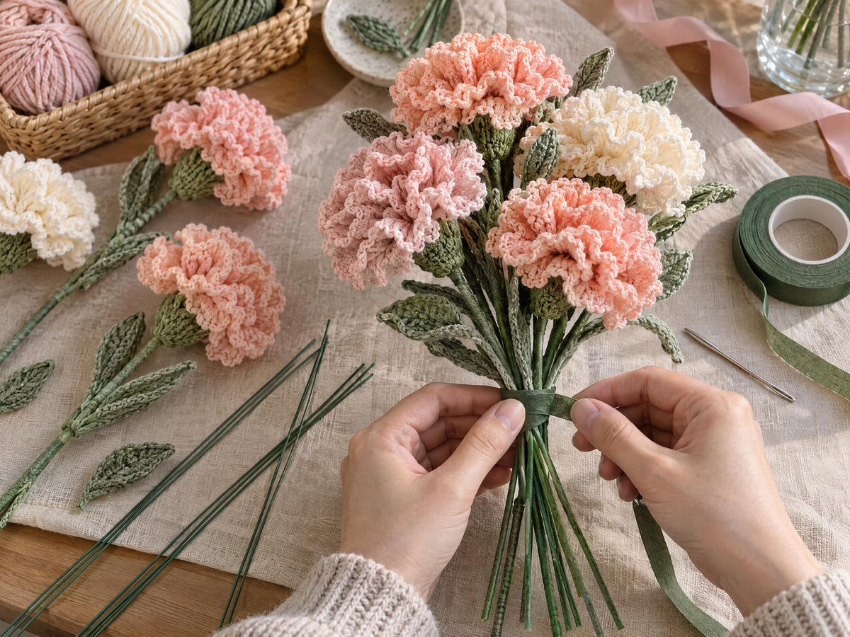 Ruffled Carnation Posy Crochet Pattern PDF, Beginner Flower Bouquet Tutorial, Crochet Carnation, Leaf and Stem Pattern, Digital Download