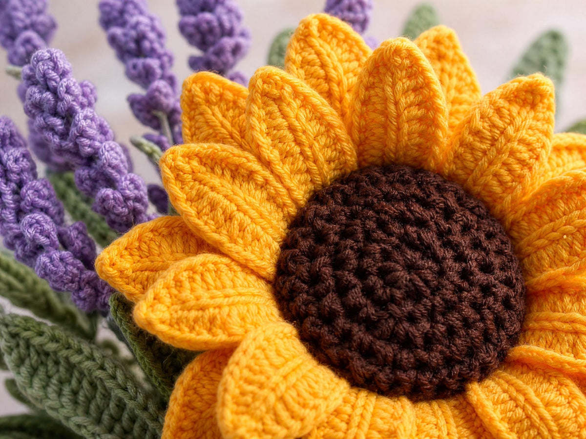 Crochet Bouquet Pattern - Sunflowers, Lavender & Eucalyptus - Beginner Friendly PDF - Everlasting Floral Arrangement Digital Download
