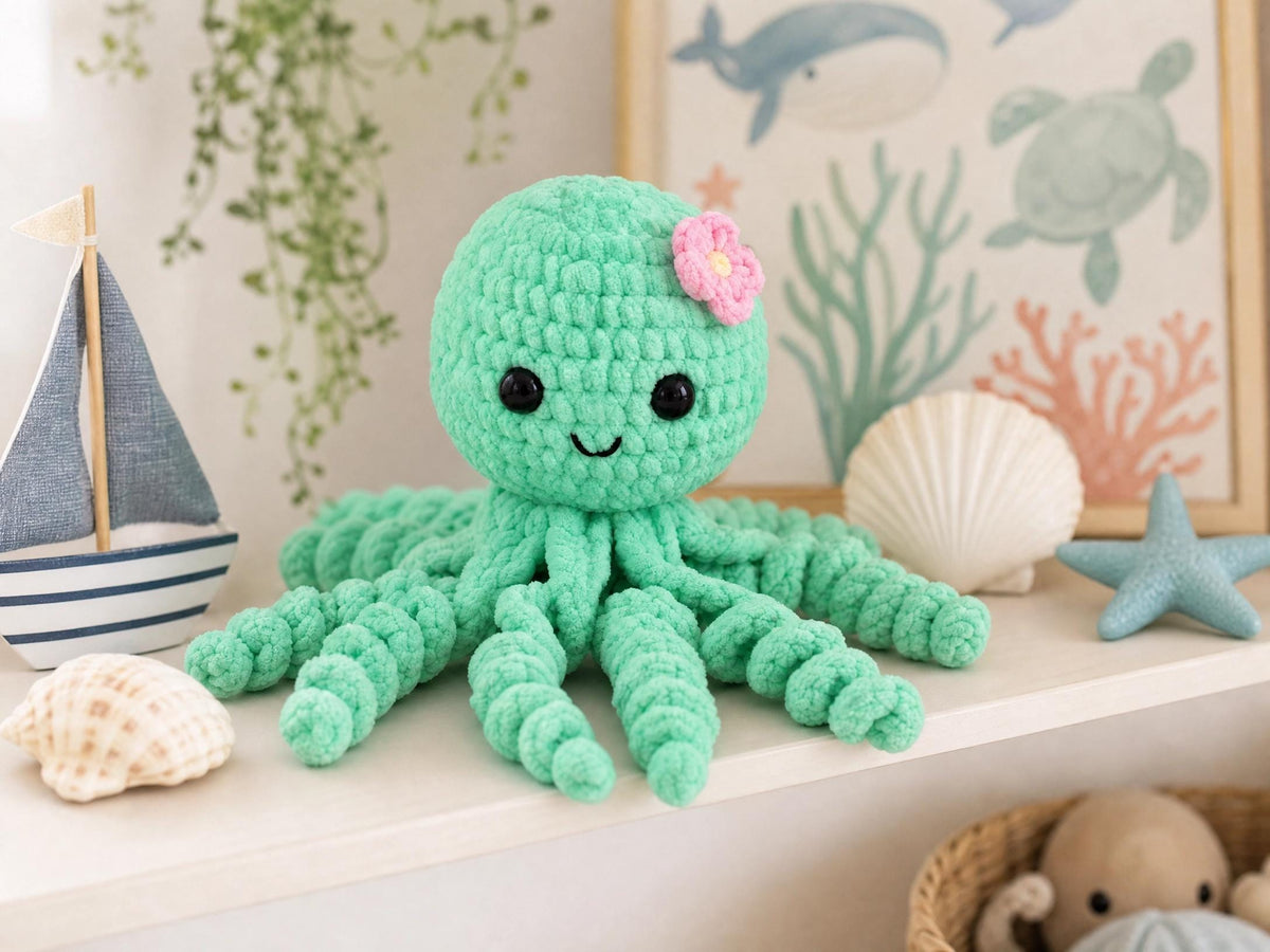 Curly Octopus No-Sew Crochet Pattern | Beginner Amigurumi | Plush Chenille Yarn | Instant Download PDF