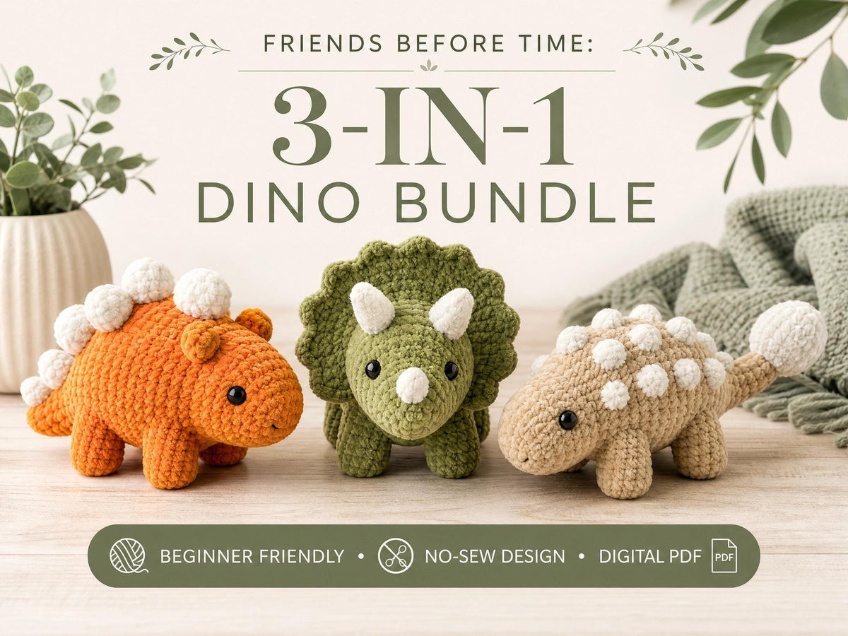 3-in-1 Dinosaur Crochet Pattern PDF | Mini Triceratops, Ankylosaurus & Dragon Amigurumi | No-Sew Plush | Instant Download