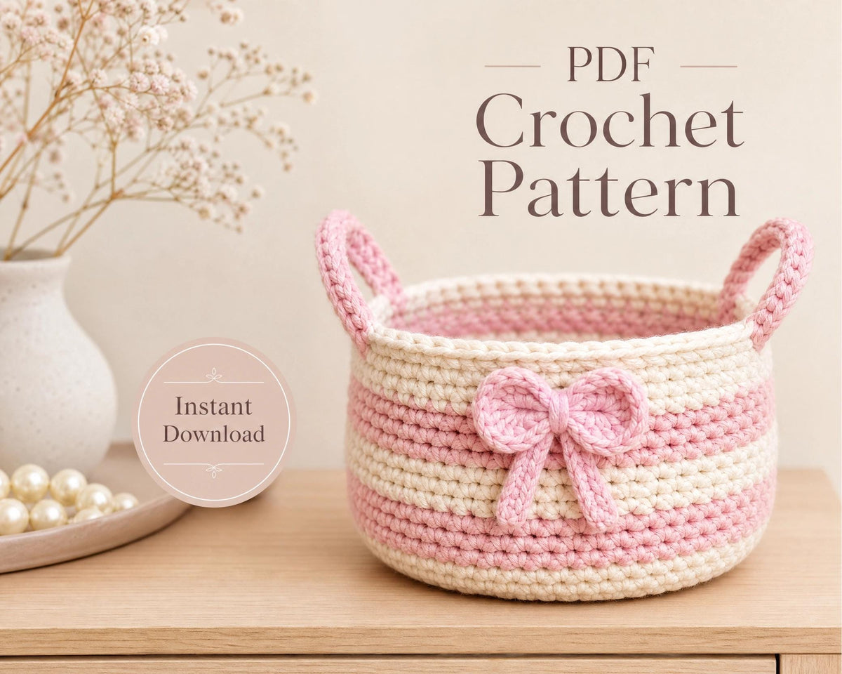 Crochet Basket Pattern | Beginner Friendly Storage, Two-Tone Bow (PDF Download)