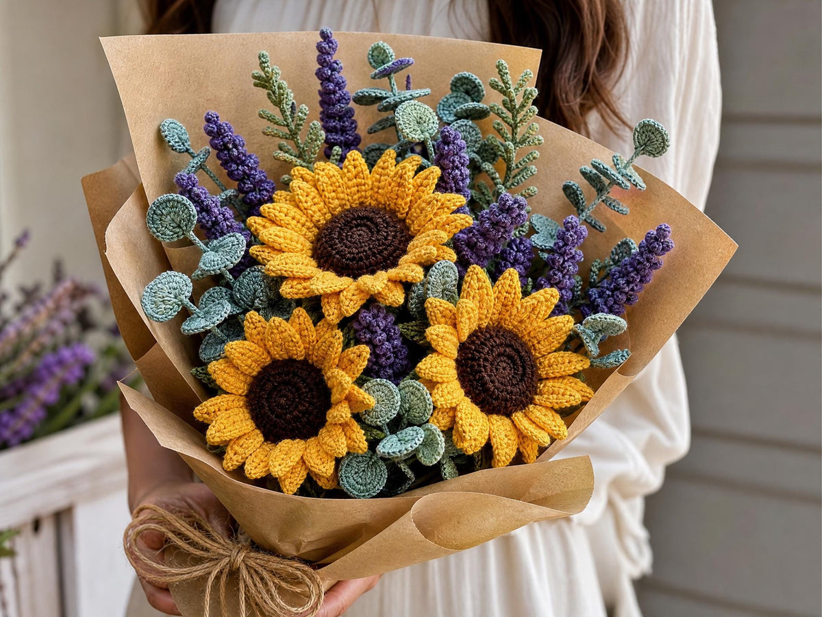 Crochet Bouquet Pattern - Sunflowers, Lavender & Eucalyptus - Beginner Friendly PDF - Everlasting Floral Arrangement Digital Download