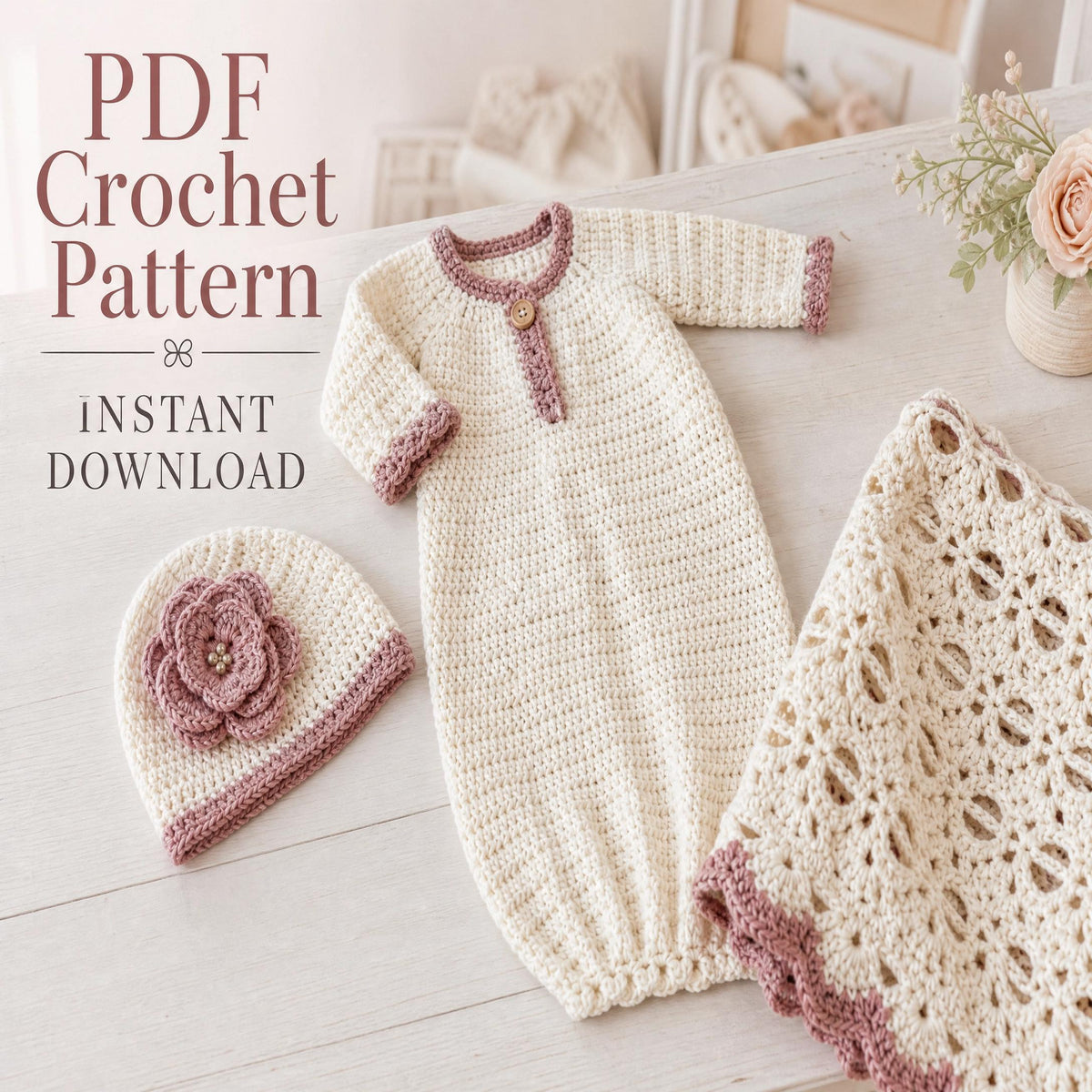 Baby Milestone Crochet Pattern, Newborn Gown Hat Blanket Set, Beginner Friendly PDF