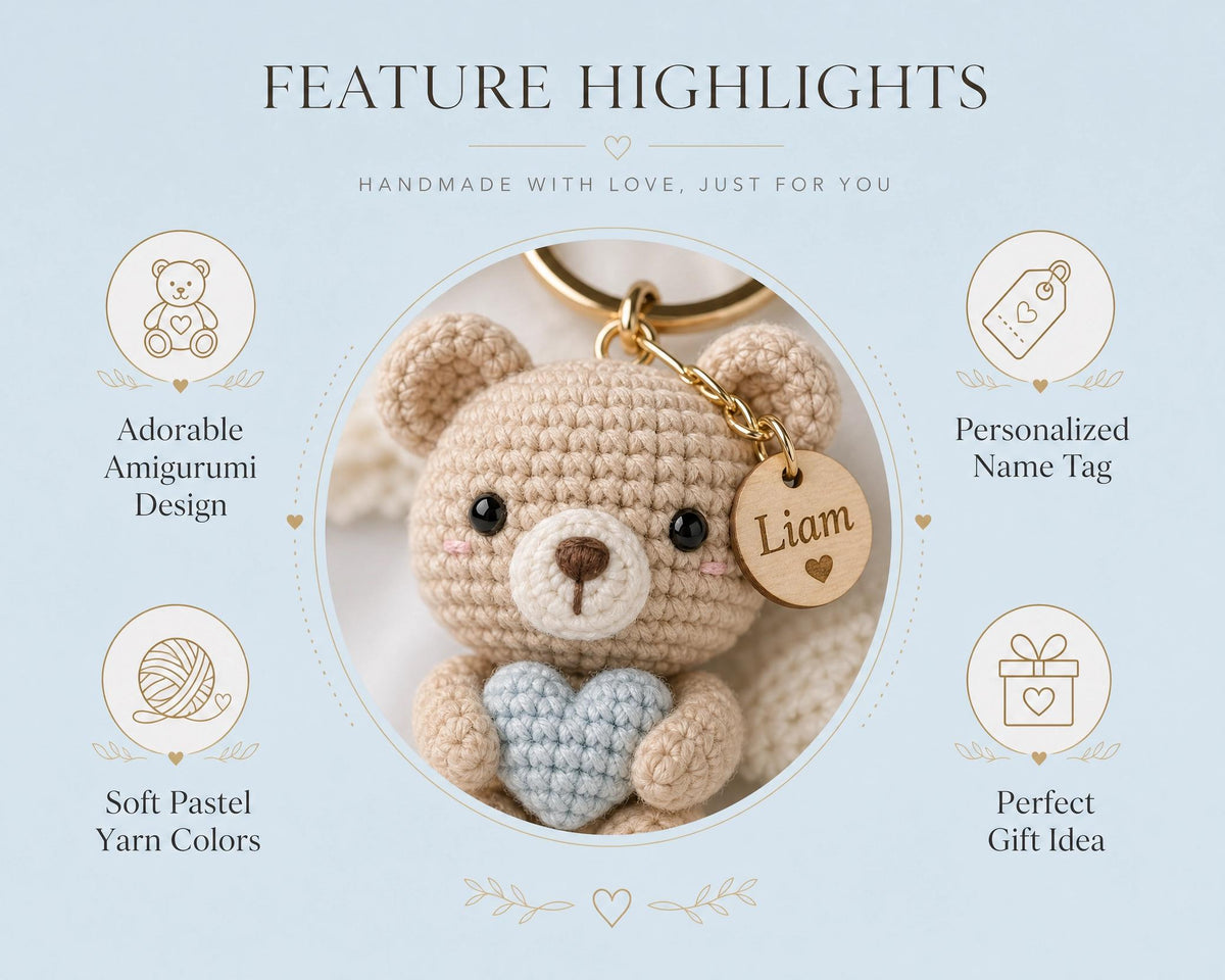 Crochet Bear Keychain Pattern, Amigurumi Heart, Personalized Name Tag (PDF Download)