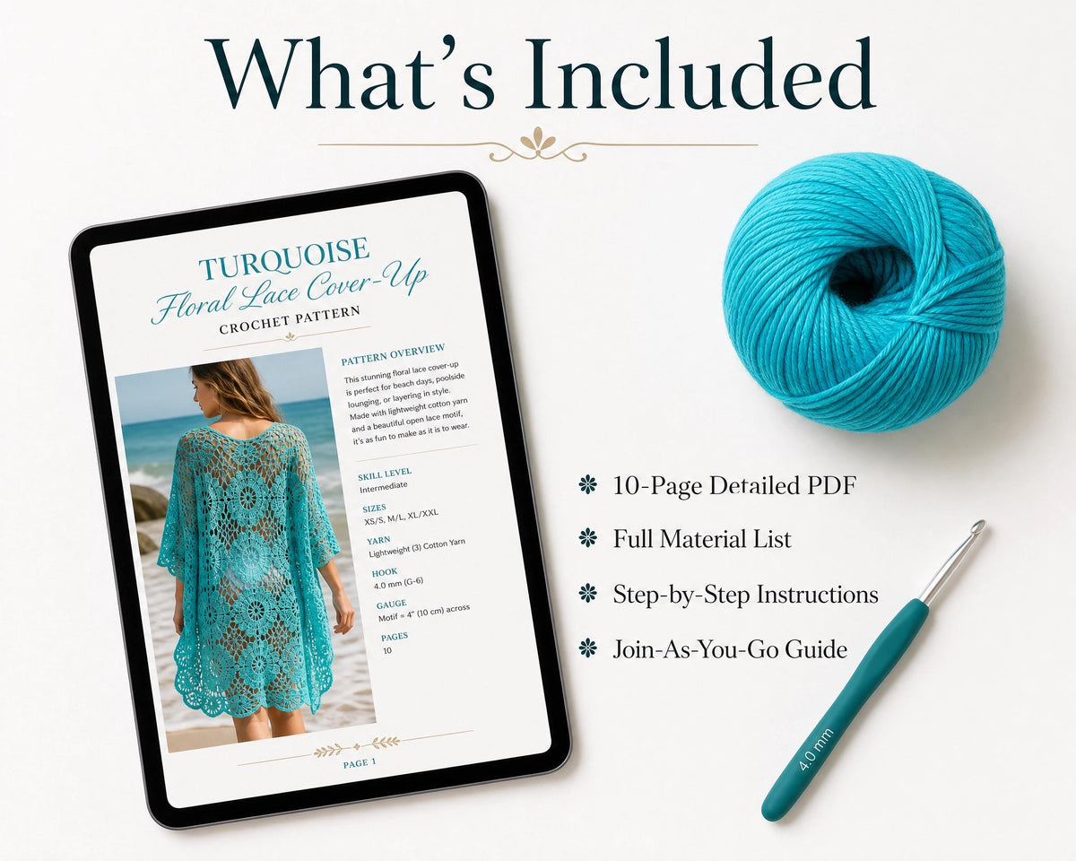 Turquoise Floral Crochet Cover-Up Pattern - Lace Beach Kimono PDF - Confident Beginner Instant Download