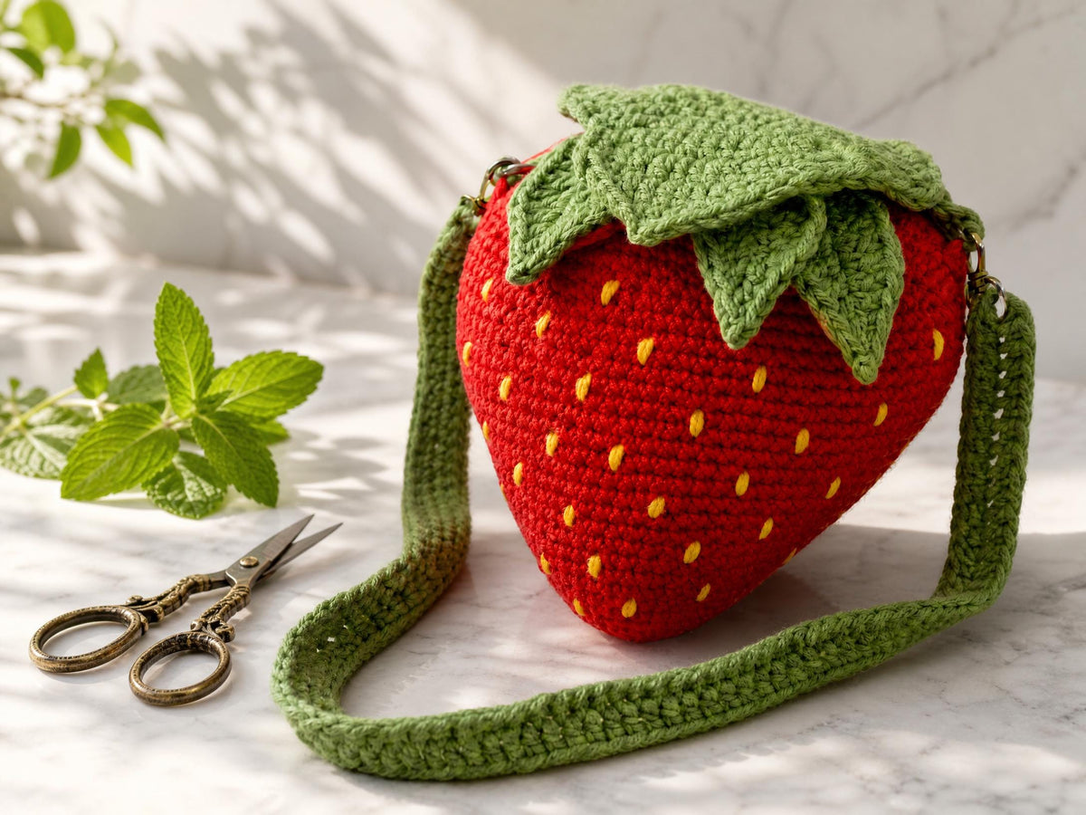 Crochet Strawberry Bag Pattern – 3D Fruit Purse Tutorial (PDF Download)